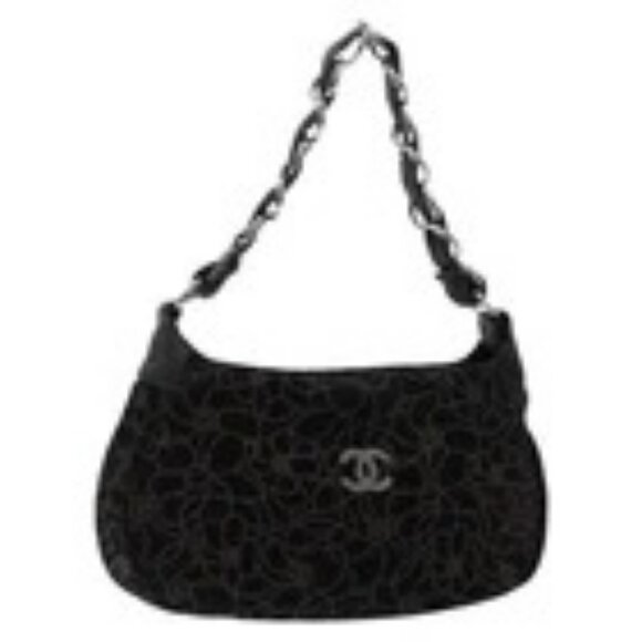 CHANEL Chain COCO Mark Camelia Shoulder Bag Suede Black Silver CC Auth BA4776 - Picture 1 of 16